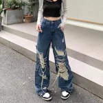 Y2K  Straight Pants Ladies Ripped Baggy Jeans