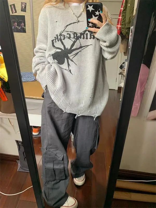 Spider Print Tassel Vintage Ripped Grunge Long Sleeve Oversized Pullover