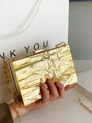 Metal Box Shiny Gold Silver Luxury Clutch Hand Pouch