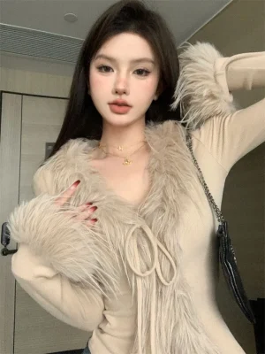 Korean Solid Color Fur Knitted V-neck Tie Y2k Top