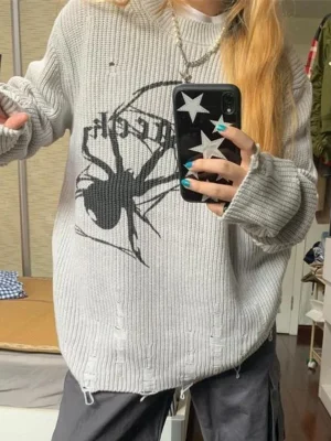 Spider-Print-Tassel-Sweater-Women-Gothic-Vintage-Ripped-Grunge-Long-Sleeve-Top-Oversized-Casual-Fashion-Hip-1