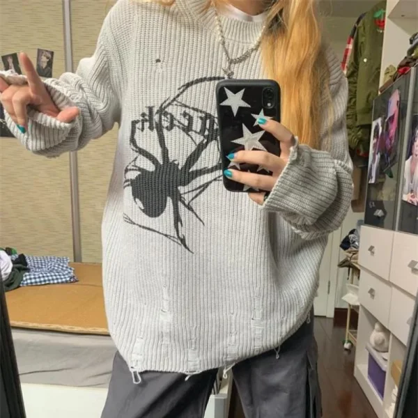 Spider Print Tassel Vintage Ripped Grunge Long Sleeve Oversized Pullover