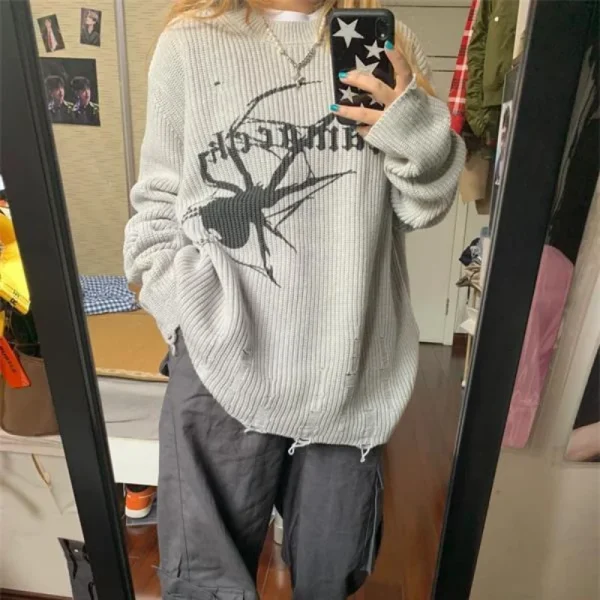 Spider Print Tassel Vintage Ripped Grunge Long Sleeve Oversized Pullover