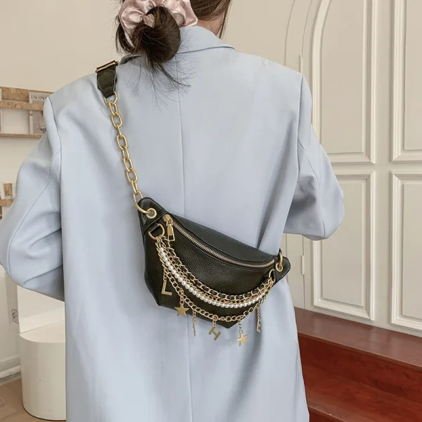 Pearl chain Cowhide Single Shoulder Chest Leather Handbag