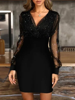 Vintage Black Dress Women Sequins Beading Sexy Autumn Dress