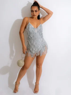 Women Bodycon Tassels Mini Dress Sequined Deep V-neck