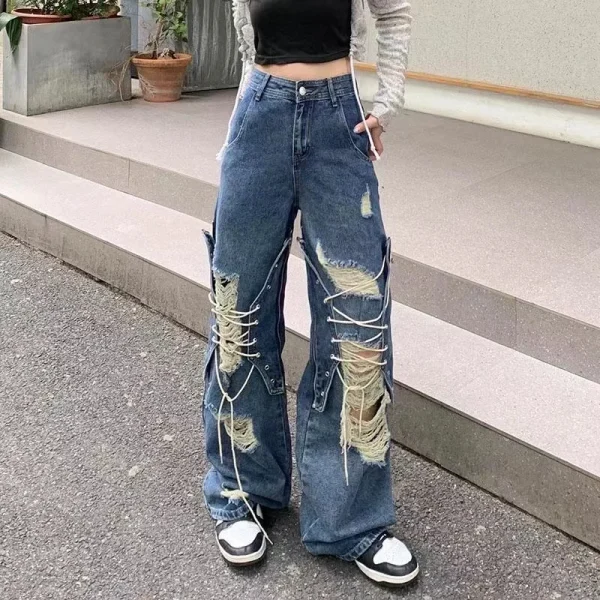 Y2K  Straight Pants Ladies Ripped Baggy Jeans