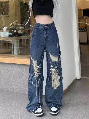 Y2K  Straight Pants Ladies Ripped Baggy Jeans