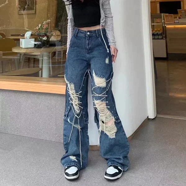 Y2K  Straight Pants Ladies Ripped Baggy Jeans