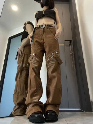 Y2k Brown Vintage Bandage Grunge Jeans Hip Hop Fairy core Denim Pant