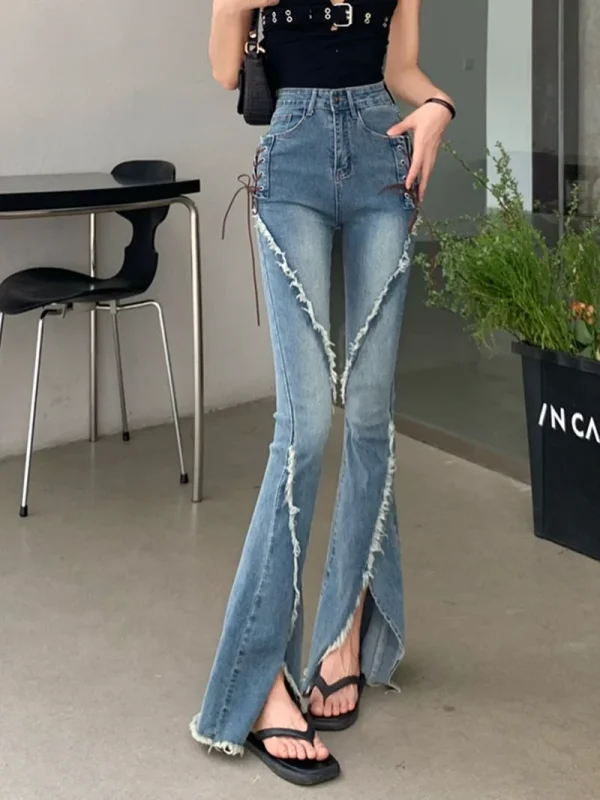 Y2k Slit Raw Edge Strappy Flared High Waist Jeans