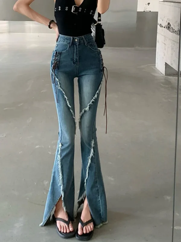 Y2k Slit Raw Edge Strappy Flared High Waist Jeans