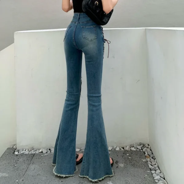 Y2k Slit Raw Edge Strappy Flared High Waist Jeans