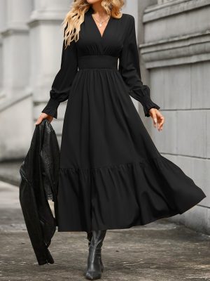 Women Spring And Autumn Solid Color Long Sleeve V Neck Long Dress