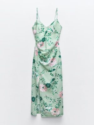 Women's Clothing Summer Linen Blended Floral Midi Dress