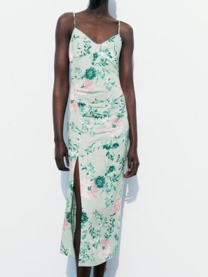Women's Linen Blended Floral Print Midi Sling Dress