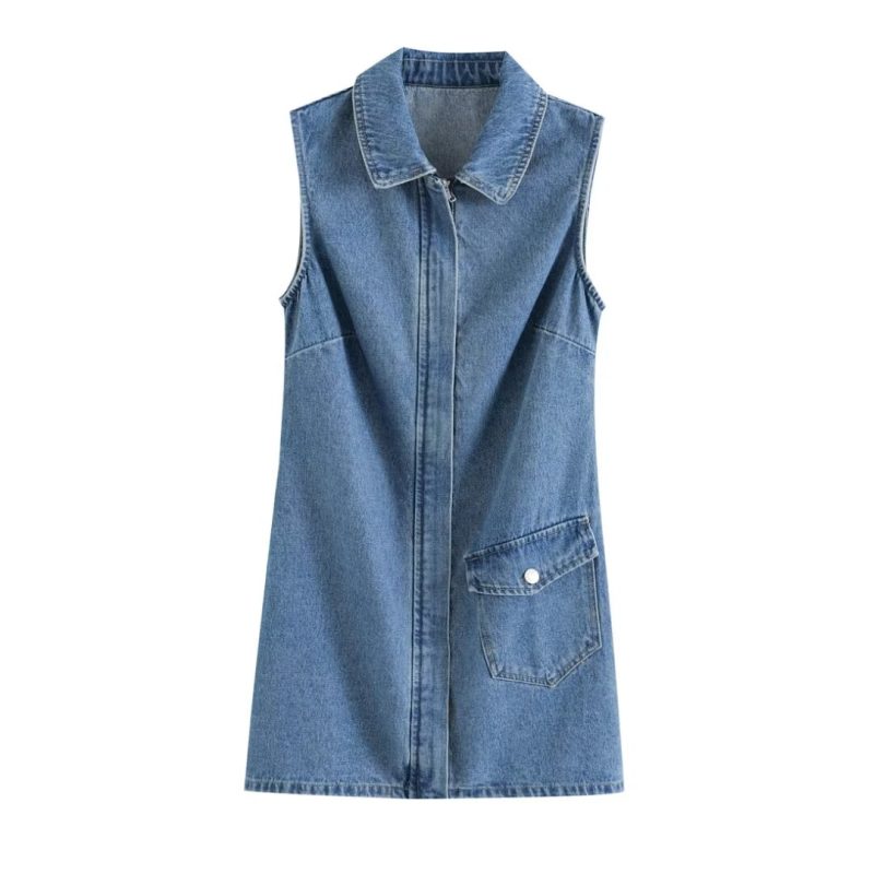 Women's Summer Lapels Sleeveless Slim Fit Denim Dress