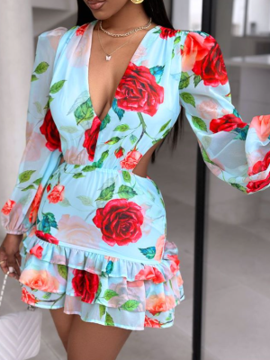 Women's V neck Hollow Out Cutout Printed Dress