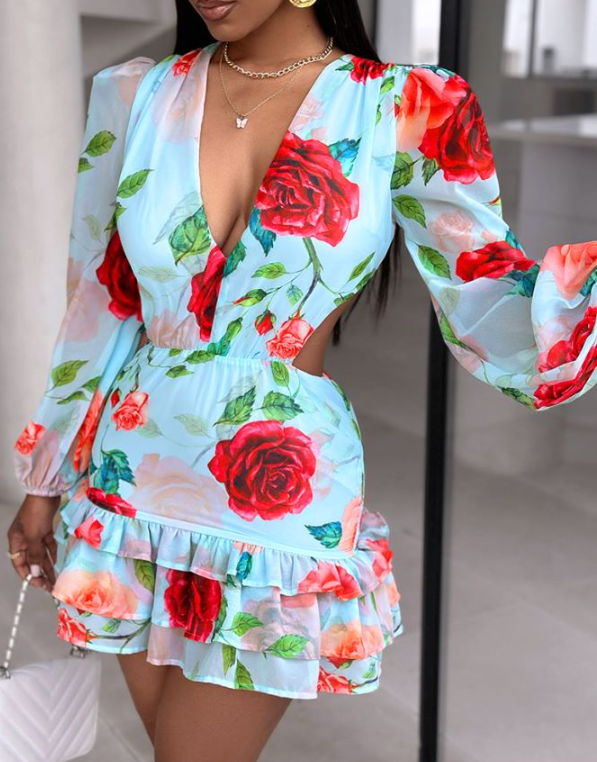 Women's V neck Hollow Out Cutout Printed Dress