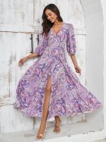 Women's Printed V Neck Split Maxi Dress