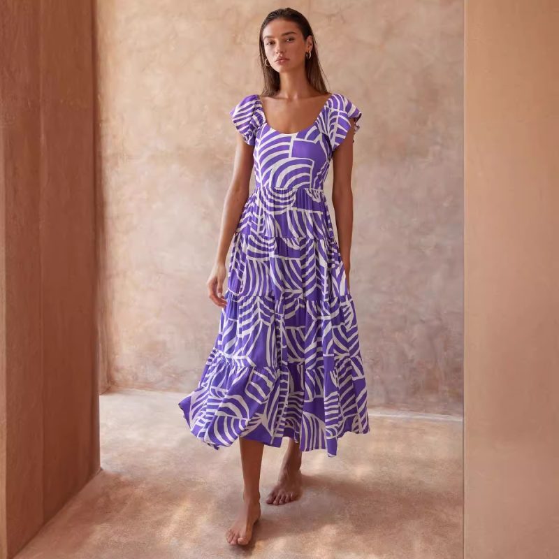 Women's Summer Violet Printed Ruffle Sleeve Dress