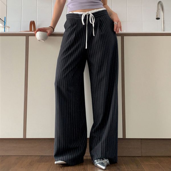 Stitching Waist Striped Lace up Contrast Color Loose Simple Casual Straight Pants