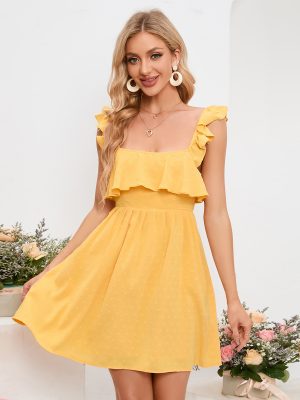 Women's Spring Summer Ruffled Strap Sexy off Neck Backless Dress