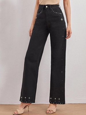 Women's Black Straight Jeans Design Rhinestone Slim Fit Jeans