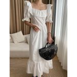 Women's Neck Cinched Pleated Cotton Puff Sleeve Dress