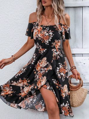 Women's Clothing Summer Floral Print Slit Sling Dress