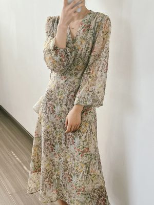 Women's Gentle Vneck Floral for  Spring Summer Korean  Dress