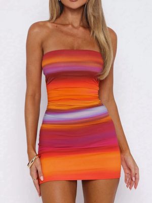 Women's   Clothing Summer Rainbow Printing Sexy  Dress