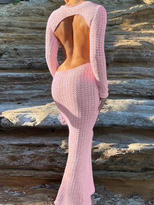 Women's Sexy Backless Sweater Knitted Sleeve Solid  Dress