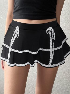Women's Sexy Girly Black White Color Matching Lace  Skirt
