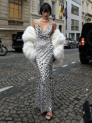 Women's  Leopard Print Satin V neck Strap Backless Dress