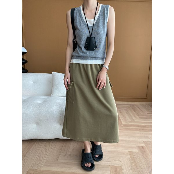 Drawstring Workwear Pocket Elastic Waist Skirt Early Spring