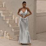 Women's Metallic Coated Fabric Elegant Dress Women
