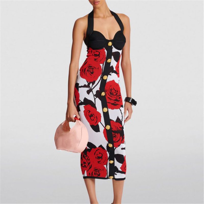 Women's Classic Rose Jacquard Knitted Bandage Dress