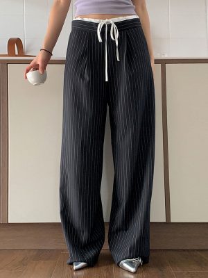 Stitching Waist Striped Lace up Contrast Color Loose Simple Casual Straight Pants