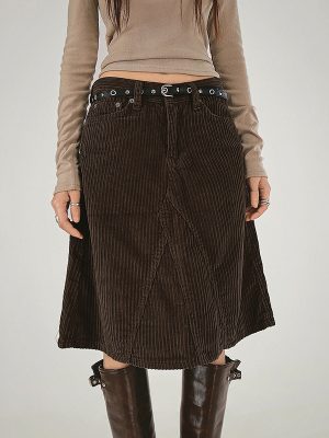 Women's Retro Solid Color Mid Length Split High Waist A line Skirt