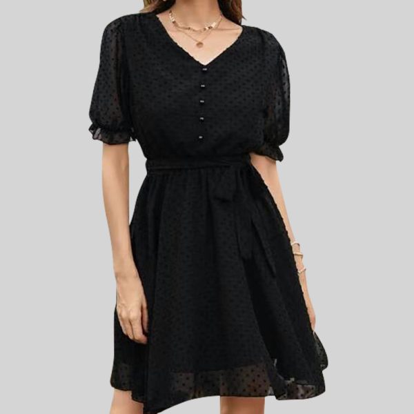 Women's V Neck Slim Fit British Short Sleeve Dress