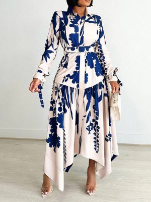 Women's  Clothing Printed Collared Long Sleeve  Dress