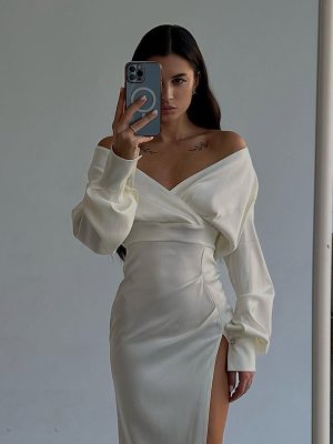 Women's Off Shoulder Satin Long Sleeve Sexy Slit Dress