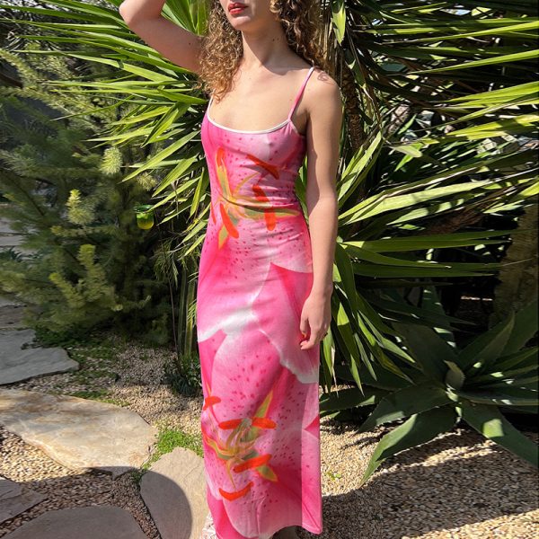 Women's Clothing Summer Elegant Floral Print Strap Split Slim Dress