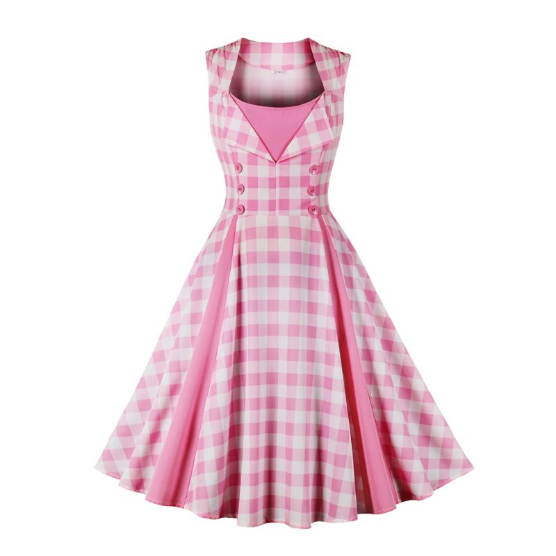 Women Cinched Patchwork Sleeveless Barbie Pink  Dress