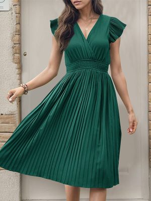 Women's Summer Pleated Short Sleeve Solid Color Dress