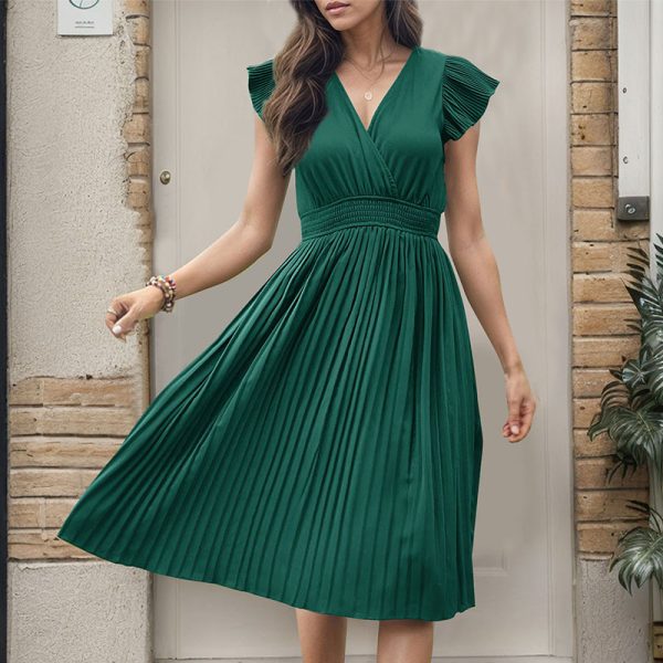 Women's Summer Pleated Short Sleeve Solid Color Dress