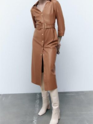 Women's  Clothing Collared Tied Waist-Tight Faux Leather Dress