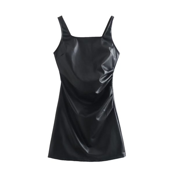 Women's  Neck Cinched Slim Faux Leather Strap Dress Women