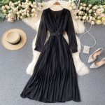 Women's Long V Neck Pleated Long Dress High Waist Dress